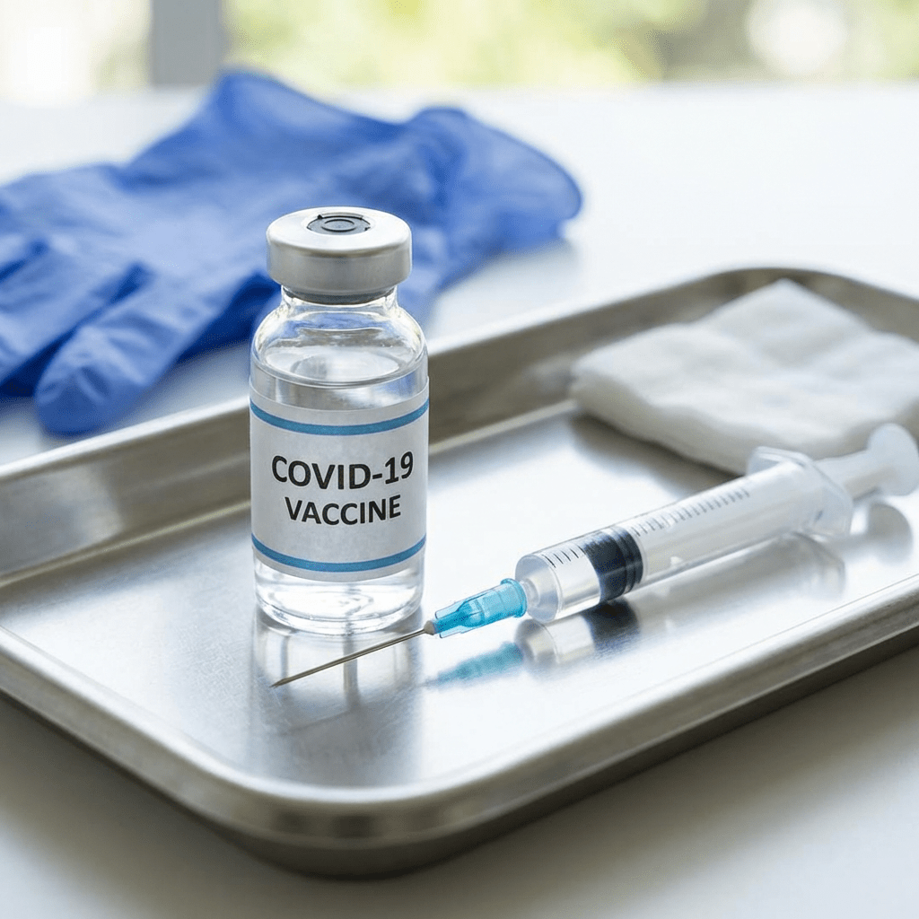 Syringe and COVID-19 VACCINE vial prepared on a stainless steel medical tray.