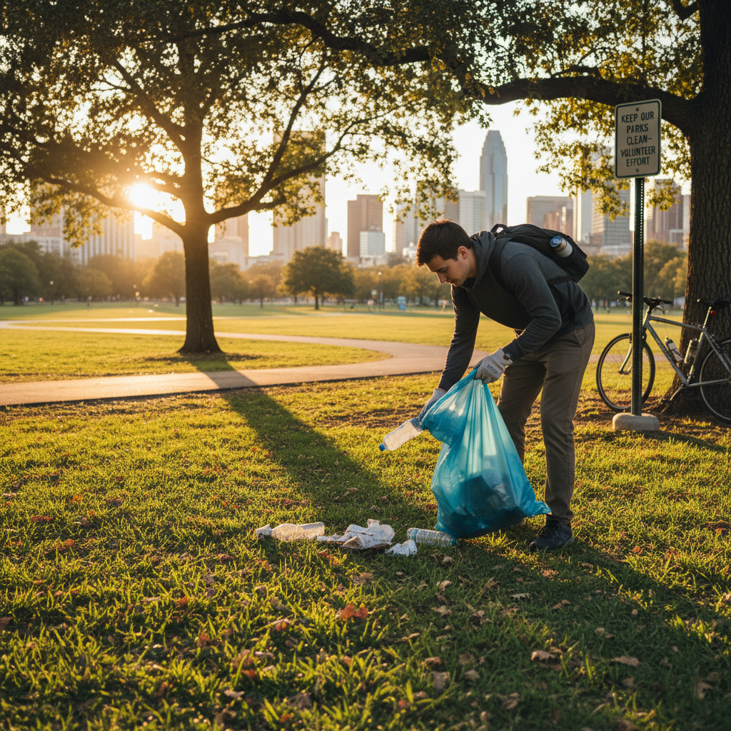Man picking up litter near a sign saying KEEP OUR PARKS CLEAN-VOLUNTEER EFFORT.