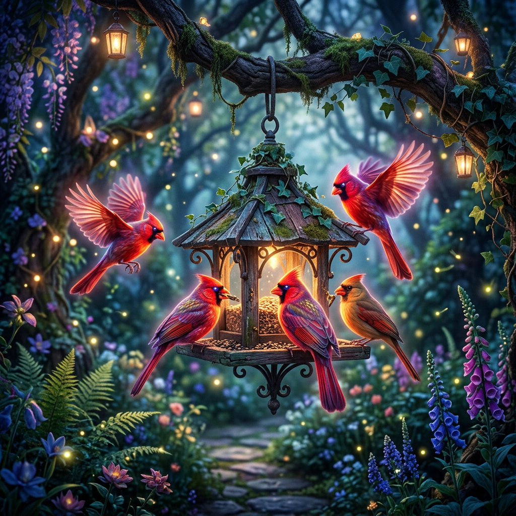 Five red cardinals gathered around an illuminated bird feeder hanging from a tree branch in a lush forest